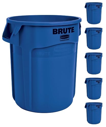 Rubbermaid Commercial Products BRUTE Trash Can, Blue, 10-Gal, Pack of 6 | Heavy-Duty Round Garbage Can, Vented Container, Outdoor Waste Container for Landscapers/Construction/Restaurants/Warehouses