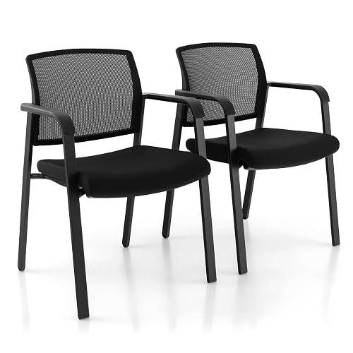 GIANTEX 2-Pack Reception Room Chair Set with Mesh Back, Metal Frame & Padded Seat, Armrests, No Wheels, Stacking Guest Chairs for Office, Waiting Room, Lobby, Meeting, Black