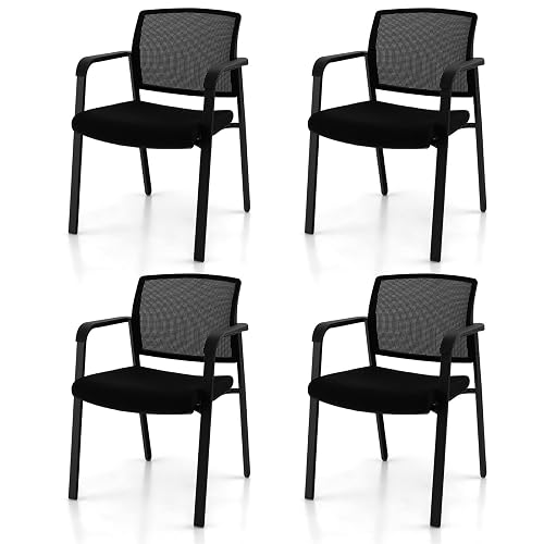 GIANTEX 4-Pack Reception Room Chair Set with Mesh Back, Metal Frame & Padded Seat, Armrests, No Wheels, Stacking Guest Chairs for Office, Waiting Room, Lobby, Meeting, Black