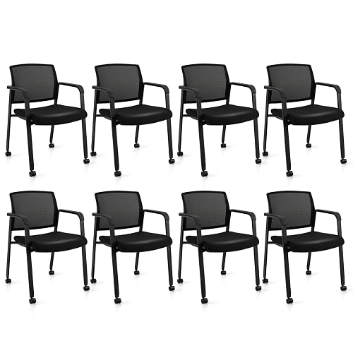 Tangkula Rolling Conference Room Chairs Set of 8, Stackable Guest Chairs | Office Reception Mesh Chairs with Ergonomic Armrests and Smooth Rolling Wheels for Waiting Room Office, School & Lobby, Black