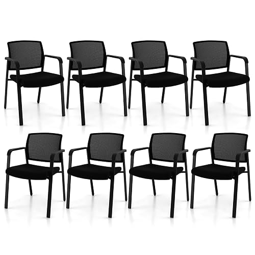 GIANTEX 8-Pack Reception Room Chair Set with Mesh Back, Metal Frame & Padded Seat, Armrests, No Wheels, Stacking Guest Chairs for Office, Waiting Room, Lobby, Meeting, Black