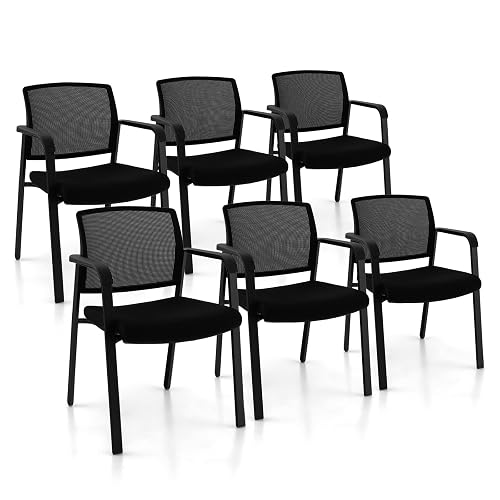 GIANTEX 6-Pack Reception Room Chair Set with Mesh Back, Metal Frame & Padded Seat, Armrests, No Wheels, Stacking Guest Chairs for Office, Waiting Room, Lobby, Meeting, Black