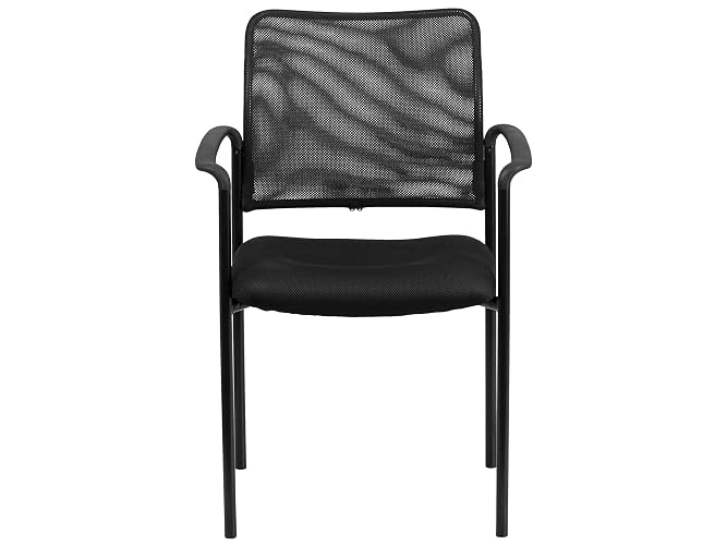 Flash Furniture Stackable Mesh Reception Side Chair, Black | Nylon Arms, Lumbar Support, Sled Base, Commercial Grade, Office Use
