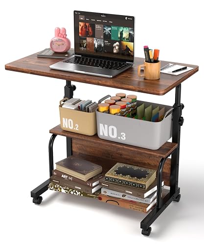 QZMDSM Portable Rolling Desk on Wheels Adjustable Height Desks for Small Spaces, 32" Computer Desk Drafting Tables with Storage Shelves for Home Office Rustic