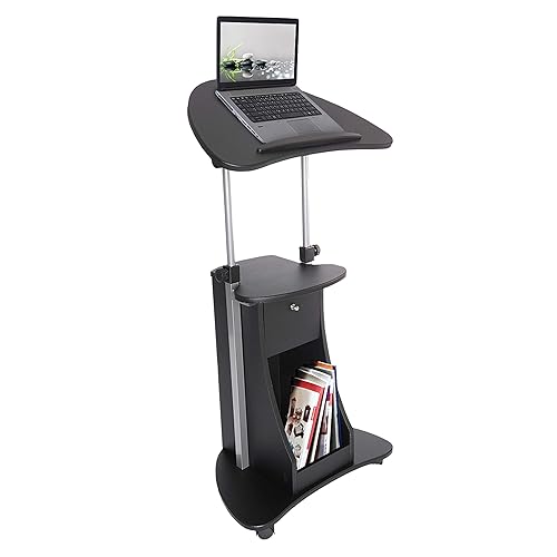 Techni Mobili Adjustable Height Rolling Laptop Cart with Storage, Black | Adjustable Height Rolling Laptop Cart with Tilting Top, Storage Shelf, Locking Wheels, Sit to Stand Desk, Mobile Podium,Black
