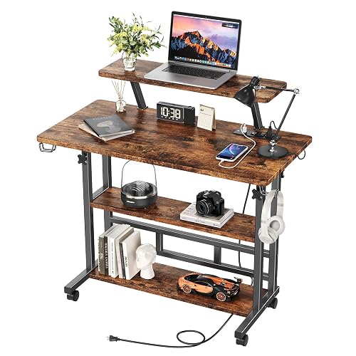 Adjustable Height Standing Desk with Power Outlets, Rolling Stand Up Desk with Monitor Stand and Storage Shelves, 31.5" Small Mobile Computer Desk, Portable Laptop Table (Retro Brown)