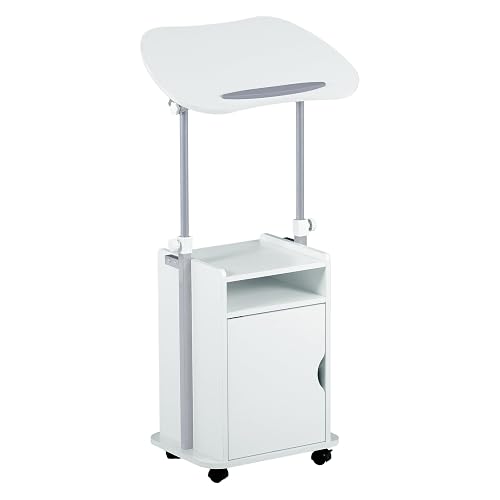 Techni Mobili Adjustable Laptop Cart w/Storage, Rolling Mobile Desk, White | Adjustable laptop cart with storage cabinet, shelf, locking wheels, sit‑stand height for home office, bedside, classroom