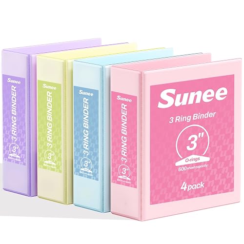 SUNEE 3 Ring Binder 3 Inch 4 Pack, 3" Large Clear View Binders Three Ring PVC-Free (Fit 8.5x11 Inches) for School or Office Supplies, Assorted Pastel