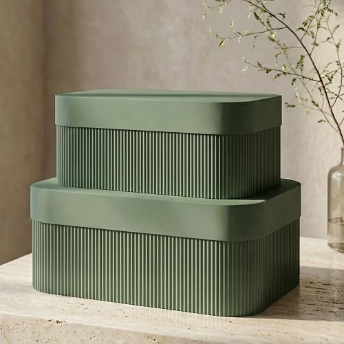 Decorative Storage Boxes with Lids - Set of 2 Fluted Photo Organizer Bins | Beautiful Home Bookshelf Decor to Safely Store Documents, Memory Box Items and Other Keepsakes in Style