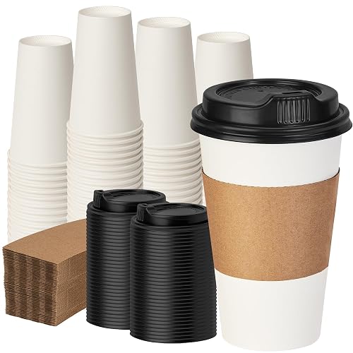 VPACKDUO 16 oz 100 Pack Coffee Cups with Lids and Sleeves | Hot Paper Coffee Cups with Lids, Disposable Cups with Lid for Coffee, Tea, Ideal for Cafes, Offices and Travel