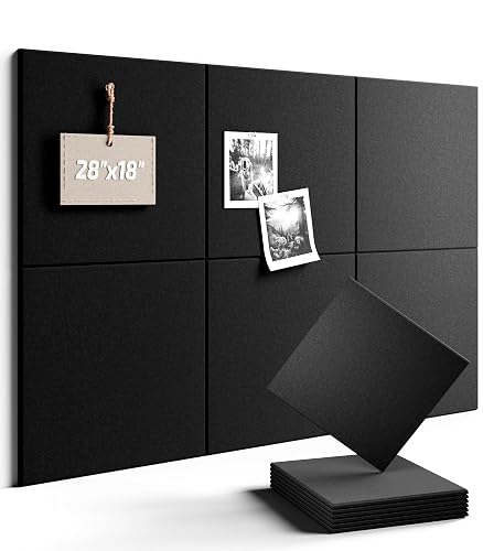 Fluxynara 28" X 18" Felt Bulletin Board Tiles, Solid-Tile, Black | 6-Pack Cork Board Alternative with Adhesive Tabs and Pushpins, Wall Decor, Office, Home, Classroom, Dorm