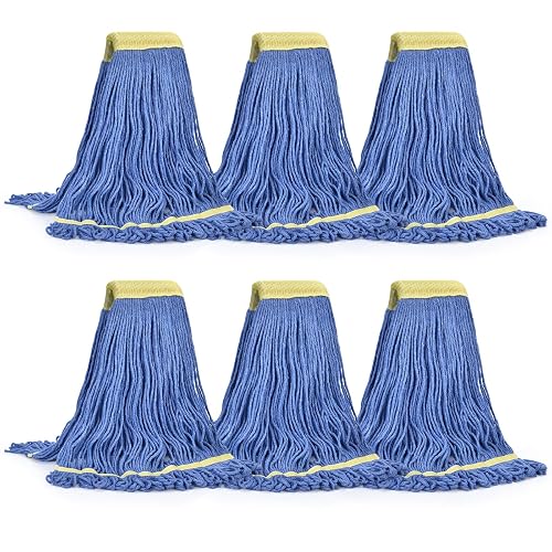 Matthew Cleaning Commercial Mop Head Replacement, 5 Inch Wide Headband, Looped End Cotton Blend String Wet Mops for Floor Cleaning, 24 oz Large, 6-Pack Blue