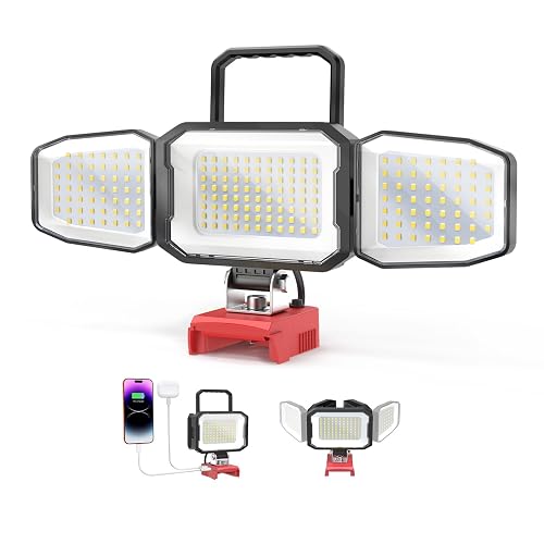 LED Work Light Compatible with Milwaukee 18V Battery, 150W 15000LM | Tool Only, Flood Light, 6500K Daylight 3-Head Adjustable, USB Type-C&2 Brightness Modes Portable Flashlight Job Site Light