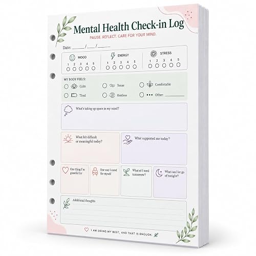Fynora Mental Health Check-in Inserts, A5 6-Ring, 50 Sheets | Guided prompts make daily check-ins easier, with space for mood, stress, gratitude, self-care, and reflection