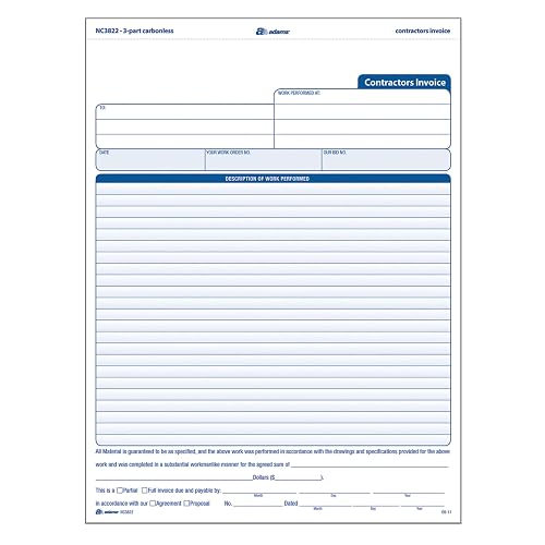 Adams Contractor Invoice Forms, 8.5 x 11.44 Inch, 3-Part, Carbonless, 100-Pack, White, Canary and Pink (NC3822)