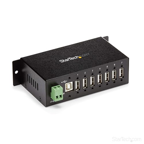 StarTech 7-Port Industrial USB 2.0 Hub, Mountable, TAA (ST7200USBM) | Steel housing, 15kV ESD and 350W surge protection, DIN/wall/desk mountable, 7-24V DC terminal block, USB expander