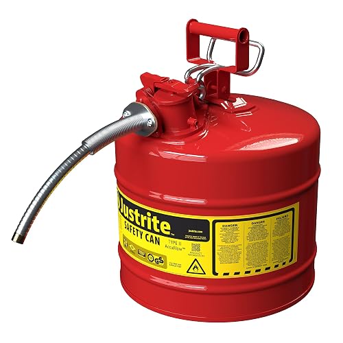 Justrite Type II Gasoline Safety Can, Red Galvanized Steel, FM Approved | Flammable Liquid Storage Can with Controlled Pouring, 5 Gallon Capacity, 1" Metal Hose, Flame Arrester, OSHA, NFPA Compliant