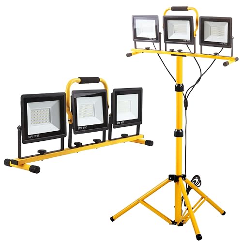 22000 Lumen Work Lights with Stand, 3 Head Portable LED Work Light, with Adjustable&Foldable Tripod Stand, IP66 Waterproof Lamp for Outdoor Indoor Job Site Workshop Garage Construction Site Lighting