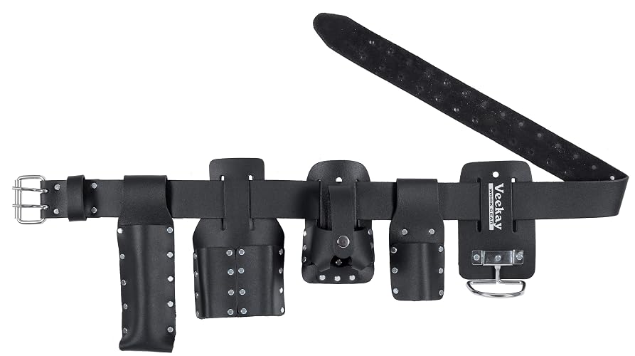 VEEKAY 5-Piece Scaffolding Tool Belt Set, Black Leather Work Belt, 2" Wide, Fits 32-46" Waist, Heavy Duty Tool Belt with Hammer Holder, Tape Holder & 3 Tool Pouches for Construction