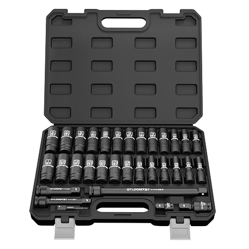 OTLOOMTBT 32PCS Impact Socket Set 1/2" Drive Metric & SAE Deep Sockets | Heavy Duty CR-V Steel Construction with Extension Bar, 6-Point Design, Laser Markings & Storage Case for Auto Repair