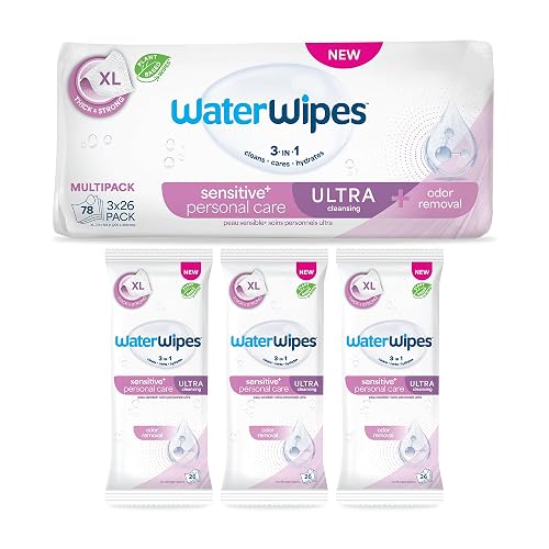 WaterWipes Sensitive Personal Care Ultra, Incontinence Wipes, Odor Removal, Heavy Duty XL Textured Wipes, Fragrance Free, 78 Count (3 Packs)