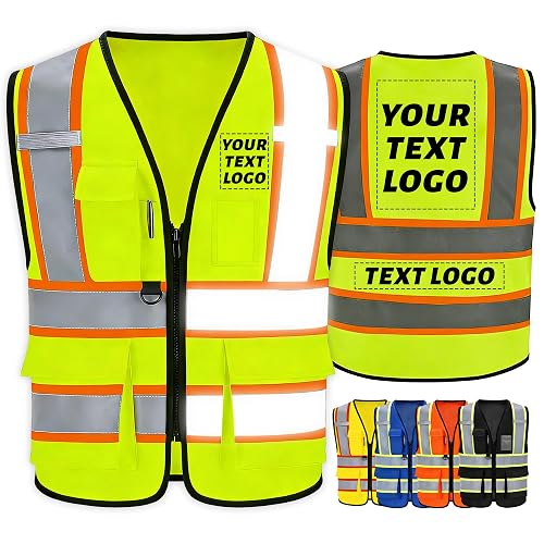 Mlvekrt Custom Safety Vest with Logo, ANSI Hi-Vis Reflective Personalized Vest with Pockets for Construction, Road, Roadwork