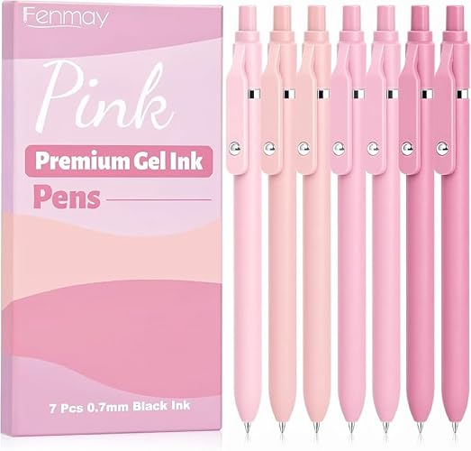 Fenmay Pink Pens Black Ink, 7 Pcs 0.7mm Fine Point Smooth Writing Gel Pens, Quick Dry & No Smudge, Cute Aesthetic Back-to-School Office School Supplies Gifts for Women & Students