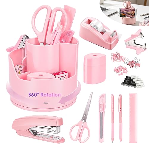 deli Pink Office Supplies Set, 14 in 1 Desk Accessories Set | Office Supply Kit, 360°Rotary Desk Organizer, Multi-Functional Pen Holder & Phone Stand for Office, School