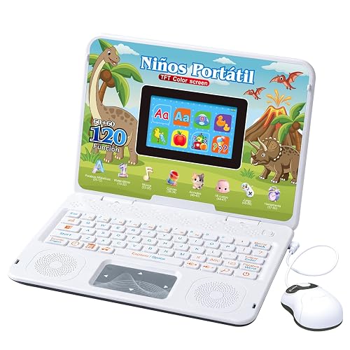 HAIOUMM Bilingual and Educational Laptop Spanish/English, 120 Learning Modes & Color Screen Dinosaur Computer for Kids 5+