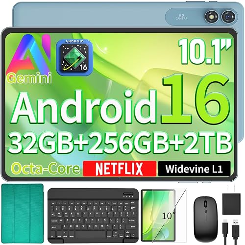 10 inch Tablet with Keyboard - Android 16 Tablet - 32GB+256GB+2TB (Green) | T606 Octa-Core, Gemini AI, 5G WiFi, 8000mAh, GPS, GMS, Electronic Tablet with Case/Mouse/Stylus for Senior, Student, Business
