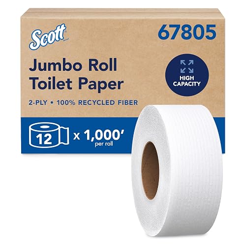 Scott Professional Jumbo Roll Toilet Paper, Bulk, 12 Rolls x 1000' (67805) | High-Capacity, 100% Recycled Fiber, 2-Ply, Septic Safe, Standard Tier, Compatible with Jumbo Roll Toilet Paper Dispensers