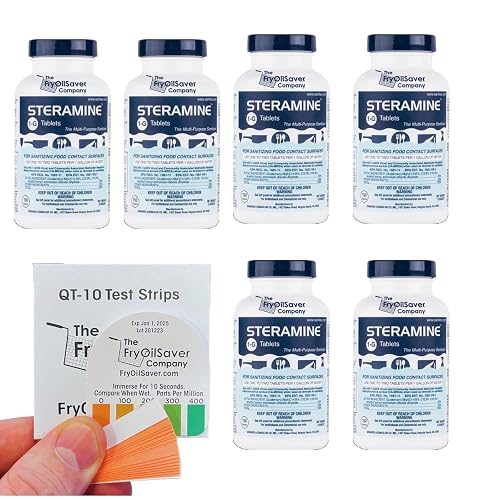 Steramine Pack of 6 (900 Tab) Sanitizing Tablets w/ 30x QT-10 Test Strips | Multi Purpose Contact Solution Sanitizer for Gym, Hotel, Bar, Restaurant and Food Service Equipment Surfaces Every Day