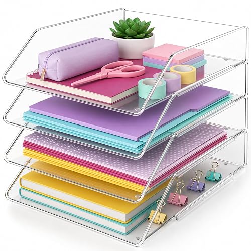 AfoCrei 4 Tier Stackable Acrylic Paper Organizer Letter Tray for Desk | Desk File Organizer, Book Ends, File Organizer, Stackable Design, Letter Size, Acrylic Material