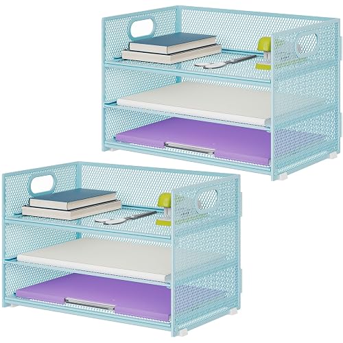 Marbrasse 3 Tier Paper Organizer Letter Tray, Mesh File Organizer with Handle, Paper Sorter Desk Organizer for Home Office Supplies - 2p Blue