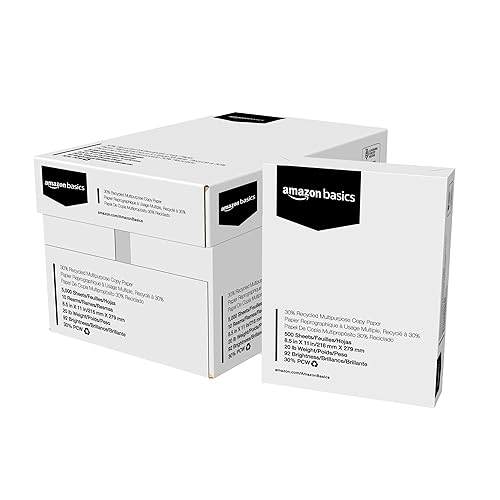 Amazon Basics 30% Recycled Multipurpose Copy & Print Paper, 8.5 x 11 Inches, 20 lb Weight, 92 Bright, White, Certified, 5000 Sheets (10 Reams)