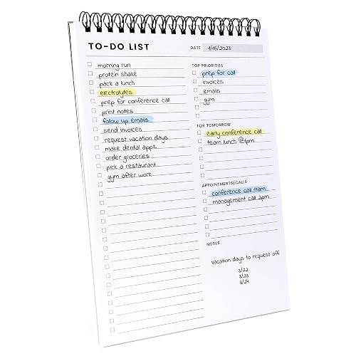 To Do List Notepad with Multiple Functional Sections, Spiral Daily Planner | 6.5 x 9.8" 60 Sheets Daily Task Organizer - Notebook for Work - CheckList Agenda Pad, Note & Todo List Organization Notebooks