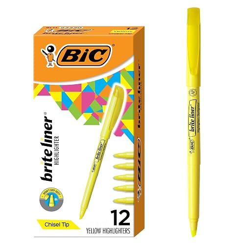 BIC Brite Liner Highlighters, Chisel Tip, 12-Count Pack, Yellow Ink | School Supplies for Students and Teachers, Ideal for Notes and Textbooks, Bright Fluorescent Ink, Resists Drying Out