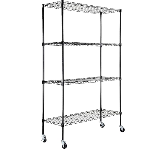 VEVOR Storage Shelving Unit, 4-Tier Adjustable Storage Shelves, 48" L x 18" W x 74" H Garage Storage Shelves, Metal Shelves with Wheels for Kitchen Pantry Basement Bathroom Laundry
