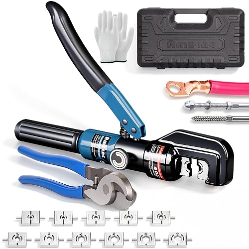 Hydraulic Crimping Tool, Battery Cable Crimper 12AWG–4/0AWG, 11 US Hex Dies, 10-Ton Hydraulic Crimper for Electrical Lugs，Cutter & Case (YQK-0000 and cut)