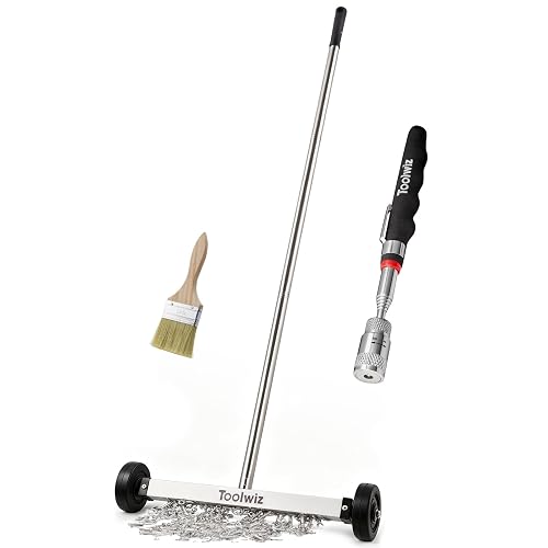 Toolwiz 15" Rolling Magnetic Sweeper with LED Telescopic Pick Up Tool | 10lbs Capacity, 8 lbs Telescopic Magnetic Pick Up Tool with LED Light, Telescoping Holder, For Construction