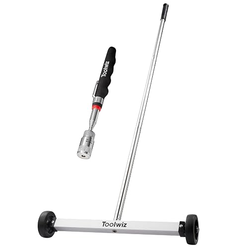 Toolwiz 17" Rolling Magnetic Sweeper with LED Telescopic Pick Up Tool | 10lbs Capacity Sweeper, 8lbs Telescopic Magnetic Pick Up Tool with LED Light, Lightweight with Wheels
