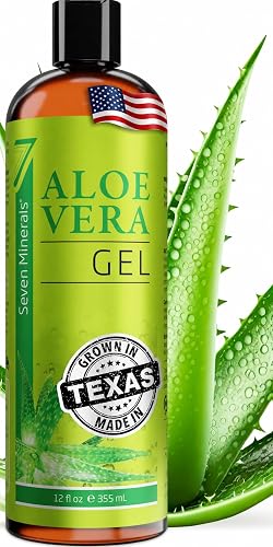 Seven Minerals Aloe Vera Gel with Freshly Cut Organic Aloe 98.7% - Big 12oz - Texas Grown, Pure HighestQuality, Vegan, Unscented, Non-Sticky - After Sun Sunburn Relief - Skin, Hair & Face Moisturizer