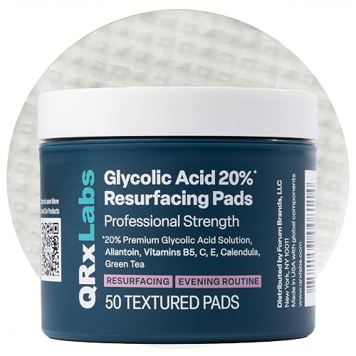 QRxLabs 20% Glycolic Acid Pads - Exfoliating Toner Pads, Face & Body - 50ct | High-Strength Peel Pads Visibly Brighten & Smooth to Improve the Look of Pores, Fine Lines, Dark Spots, Rough Skin, and Acne