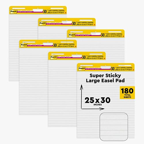 Post-it Super Sticky Easel Pad, 25 x 30 in, White Lined, 6 Pads | Premium Self Stick Flip Chart Paper, Teacher Anchor Chart, Super Sticking Power