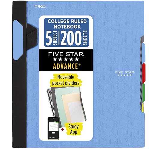 Five Star Advance Spiral Notebook + Study App, 5 Subject, College Ruled Paper, 8-1/2" x 11", 200 Sheets, Spiral Guard, Movable Tabbed Dividers, Pacific Blue (73150)