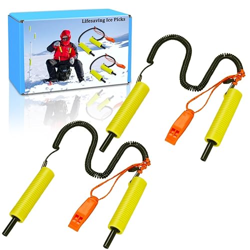 Huntury Retractable Ice Safety Picks- 11.5FT Extra Long Lanyard, Safety Whistle & Protective Covers, Durable Emergency Self-Rescue Spikes for Ice Fishing, Skating, Ice Walking & Winter Ice Activities