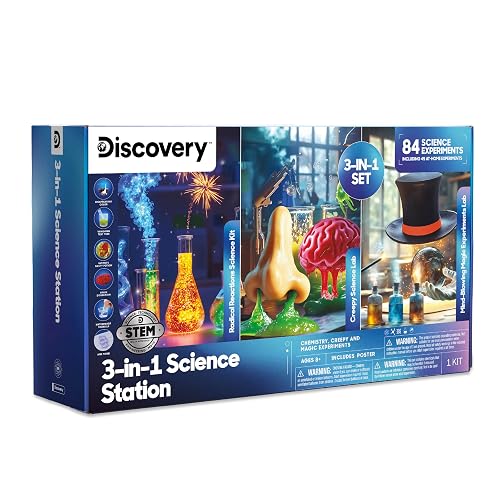 Discovery 3-in-1 Science Station for Kids| 84 Science Experiment Kit| Erupting Volcano, Glow Slime, Brain Dissection, Magic Potions| STEM Chemistry Activity Set| Educational Learning Toy| Gift Ages 8+