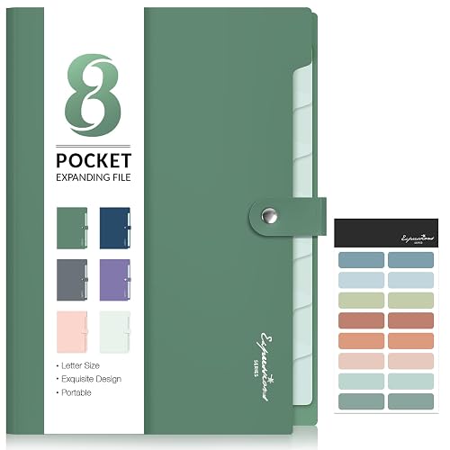 Sooez Elegant Accordion File Organizer, 8 Pocket Expanding File Folder | Portable Folders for Documents, Cute Paper Organizer with Labels, for School Office College Supplies, Letter Size, Dark Green