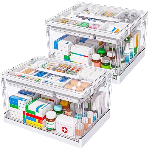caktraie Clear Medicine Storage Box with Handle & Tray | Medicine Organizer Storage Boxes with Lids, Plastic Multipurpose Organizers and Storage for Home, Dorm, Office