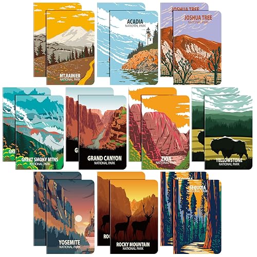 Sureio 20 Pack National Park Camping Notebooks, Small Pocket Memo Pads | Mountain Art Prints, Bulk Notepads for Hikers Travellers, 10 Unique Designs, 3.2 X 5 in Portable, Outdoor Adventure Memo